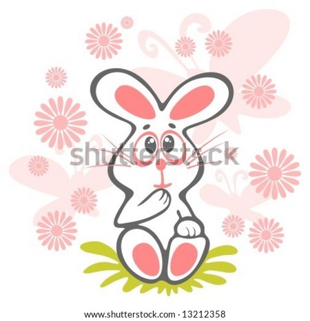 Cheerful rabbit and flowers isolated on a white background.