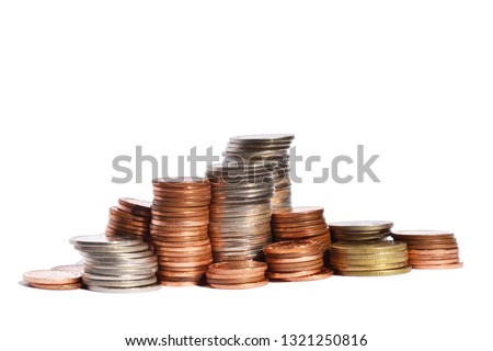Many stacks of coins in various sizes and valued isolated on white background, Financial and commit business concept