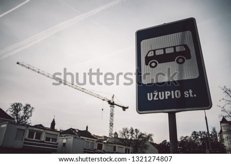 Bus stop blue road sign at Uzupio street in Vilnius, Lithiania