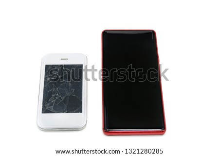 White smartphone with a broken screen on an isolated background . Repair of old screens 