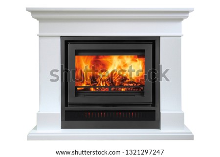 Burning white fireplace isolated on white background.