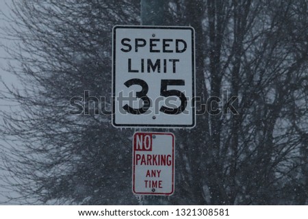 Frozen speed limit sign with large tree in the background