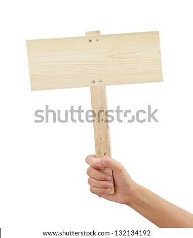 hand holding wooden sign isolated on white background