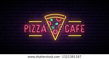 Pizza cafe neon sign. Bright advertising signboard for cafe, bar, restaurant. Pizza emblem. Vector illustration in neon style.