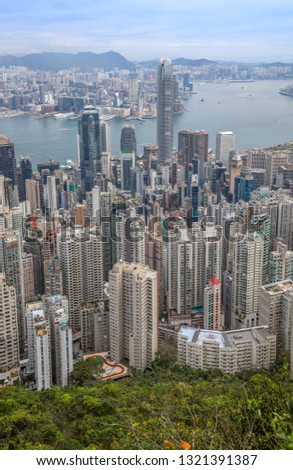 Cityscape of  high density buildings on both sides of Victoria Harbour, Hong kong, view from Lugard Road, the Victoria peak