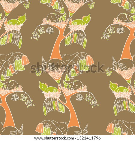 Chickens in nests sleep in a tree. Multi-colored birds in the nests. Berries grow on trees. Flowers bloomed on a tree. Foliage on a tree. Seamless pattern. Children's textiles.