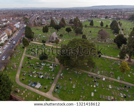 Aerial photo showing a graveyard taken in the UK town of Aylesbury near London