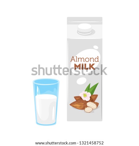 Vegetarian paper pack of almond milk with glass. Vector illustration isolated on white background.