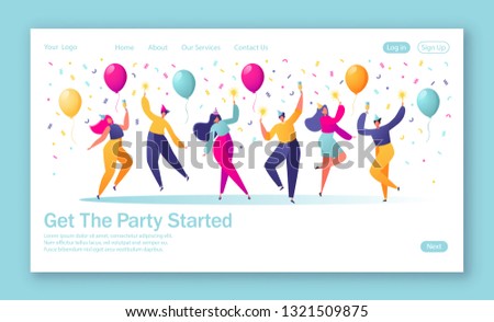 Concept of landing page with group of happy, joyful people celebrating holiday, event. Man and woman characters in holiday cap dancing, with confetti and balloons on the background.