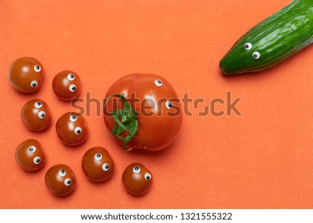 Tomato and cucumber concept, copy space. Live fresh cherry tomatoes and big hothouse tomato met a cucumber. Comparing and choice salad ingredients. Red background.