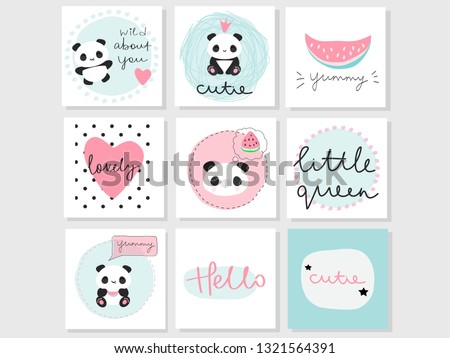 Set of 9 vector adorable cards with panda bear, watermelon and words. Use for greeting cards, gift tags, invitations, stickers, etc. Royalty-Free Stock Photo #1321564391