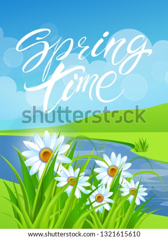 Spring time. Handwritten calligraphy lettering with grass background. Vector image.