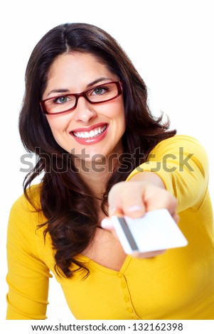 Beautiful woman with a credit card. Isolated on white background.