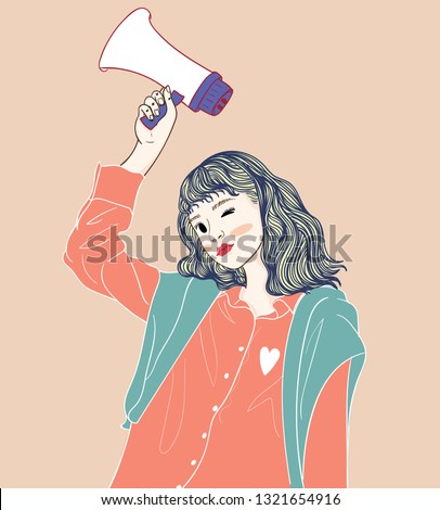 Women holding Megaphones are being announced in public places.She holds a mic and wears a vest in a lifestyle style.Doodle art concept,illustration painting