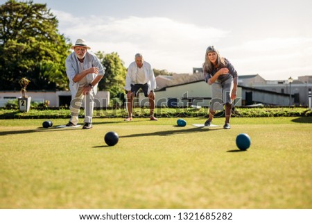 People playing a game of boules in a lawn on a sunny day. Two senior persons bending forward throwing boules competing with each other. Royalty-Free Stock Photo #1321685282