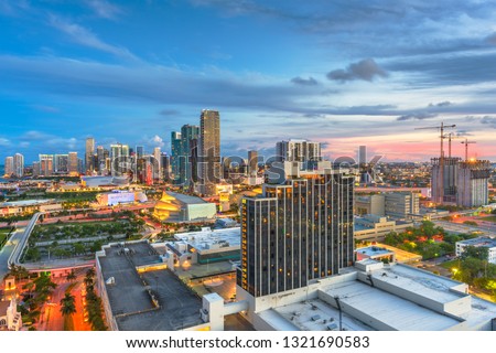 Miami, Florida, USA aerial skyline view at dusk. 