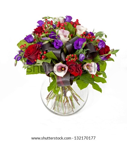 bouquet of pink, red and violet flowers isolated on white