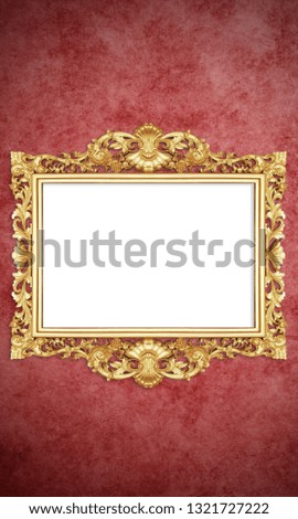 Gold Colour Antique Vintage Classic Baroque Stylish Empty Photo Painting Frame in Grunge and Retro Background for Home Interior and Garden Furniture made from Wood and Metal
