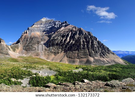 Larch Valley, Temple Mountain and Sentinel Pass Lake (left) Louise, Banff National Park, Alberta, Canada Royalty-Free Stock Photo #132173372