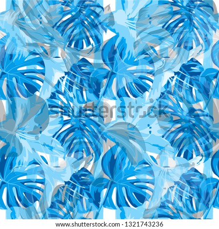 Tropical Background. Exotic Palm Greenery Backdrop. Repeat Illustration. Summer Design for Swimwear. Tropical Flowers and Leaves Background.