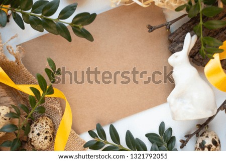 mockup card with plants. invitation card with environment and  quail eggs. easter eggs, ribbons and nest on white background