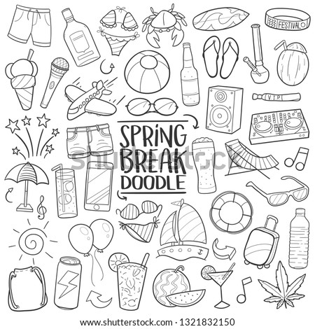 Spring Break Music Party. Traditional Doodle Icons. Sketch Hand Made Design Vector Art.