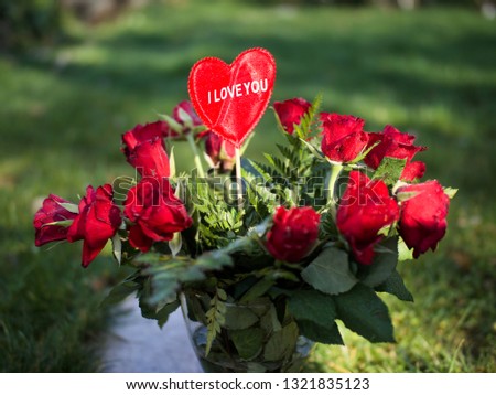 Vase with red roses in the garden with I write I love you - Image