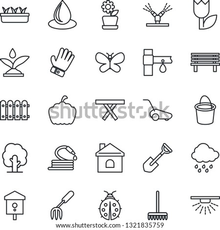 Thin Line Icon Set - garden fork vector, shovel, rake, tree, bucket, glove, lawn mower, butterfly, lady bug, house, seedling, water drop, rain, hose, bench, pumpkin, picnic table, bird, tulip, fence