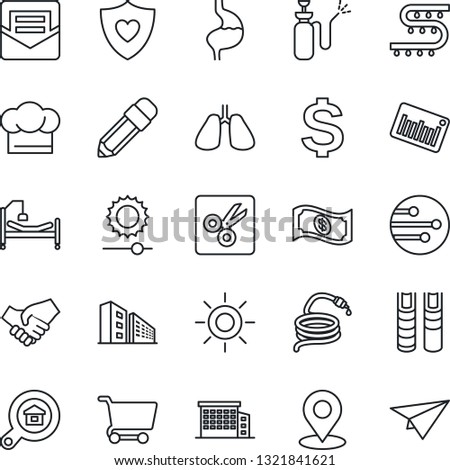 Thin Line Icon Set - dollar sign vector, sun, hose, garden sprayer, drip irrigation, heart shield, hospital bed, stomach, lungs, barcode, mail, network, brightness, cut, place tag, pencil, book