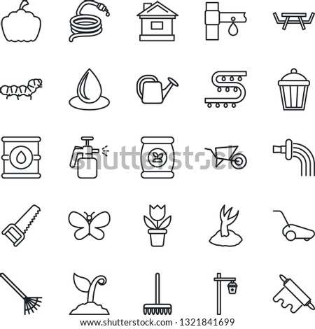 Thin Line Icon Set - flower in pot vector, rake, watering can, wheelbarrow, sproute, saw, lawn mower, butterfly, house, water drop, hose, pumpkin, garden light, caterpillar, picnic table, sprayer