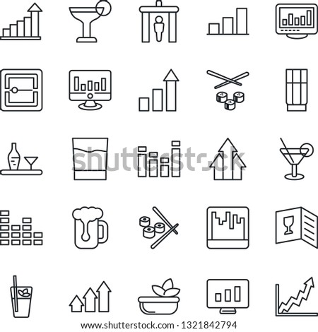 Thin Line Icon Set - security gate vector, growth statistic, monitor, equalizer, scanner, statistics, bar graph, alcohol, wine card, drink, cocktail, phyto, beer, salad, sushi, arrow up