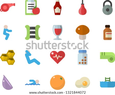 Color flat icon set ketchup flat vector, mushroom, garlic, wine, scrambled eggs, honeycomb, orange, vial, weight, whistle, heartbeat, diet, vitamins, carpal expander, sports pear, swimming, squats