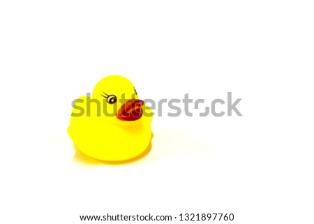 Yellow rubber duck toy on white background, isolated.