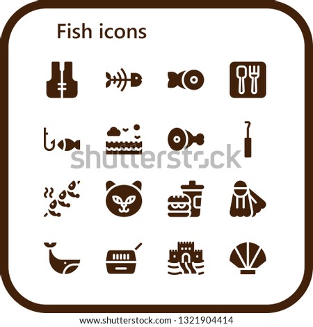 fish icon set. 16 filled fish icons.  Simple modern icons about  - Lifejacket, Fish bone, Restaurant, Fishing, Sea, Meat, Hook, Shrimp, Cat, Fast food, Fins, Whale, Pet
