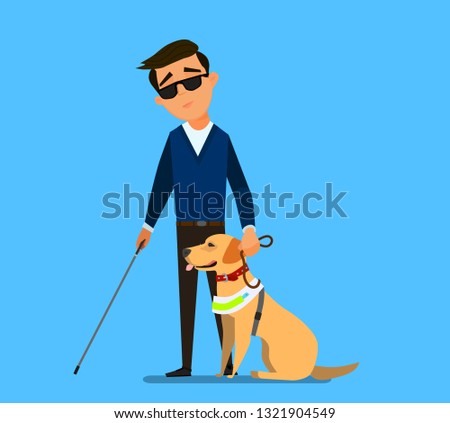 Blind Boy Being Guided by a Seeing Eye Dog. Vector illustration in cartoon style.