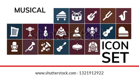 musical icon set. 19 filled musical icons.  Simple modern icons about  - Piano, Harp, Microphone, Trumpet, Acoustic guitar, Cymbals, Jukebox, Instrument, Punk, Birthday, Fiddle