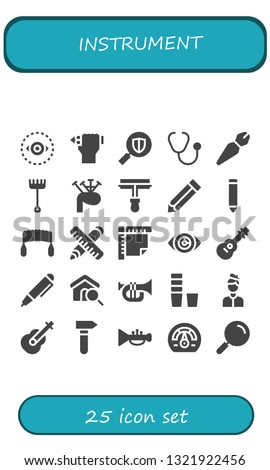 instrument icon set. 25 filled instrument icons.  Simple modern icons about  - Vision, Pencil, Search, Stethoscope, Pen, Rake, Bagpipes, Paint roller, Saw, Ruler, Guitar, Trumpet