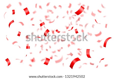 Falling shiny red confetti isolated on black background with depth of field in foreground and blurred particles in the background. Realistic bright festive tinsel