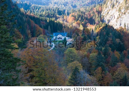 Beautiful view of a house in Hallstatt and it's colorful trees by the autumun - Hallstatt Austria