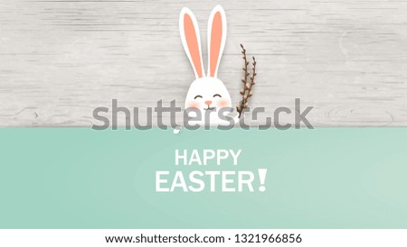 Happy Easter. Easter Rabbit Bunny standing behind a blank sign, showing on big sign. Smiling Cute, funny cartoon rabbit character. Design template for Banner, flyer, invitation, greeting card, poster.