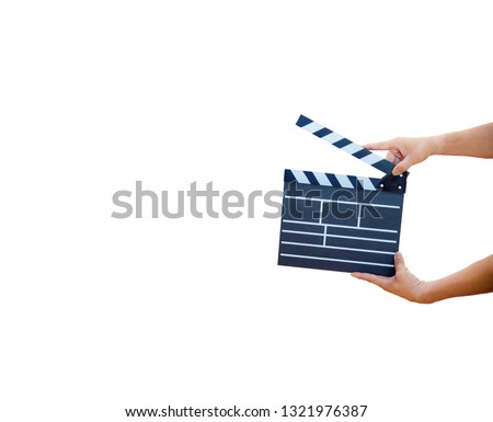 Man hands holding movie clapper isolated on white background. Shown slate board. use the colors white and black.Realistic movie clapperboard. Clapper board isolated.Film director concept.