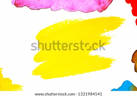 Abstract watercolor spot on white textured paper. Isolated. Hand-drawn background. Aquarelle brush stains on paper. For design, web, card, text, decoration, surfaces. Yellow color. 