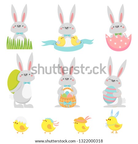 Happy Easter.  Set of funny rabbits and chickens. Collection of design elements. Vector illustration