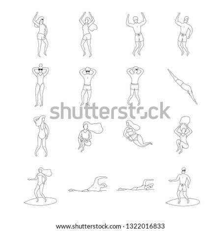 Outline summer people vector illustration. Dancing, surfing, swimming, sunbathing and relaxing man and woman.