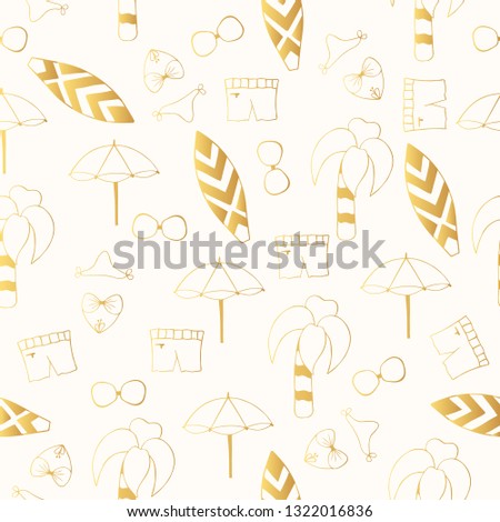 Cute hello summer seamless pattern in outline. Surf, parasol, palm tree. Beach party vector background.