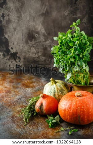 Autumn harvested vegetables and herbs - pumpkin, basil, thyme