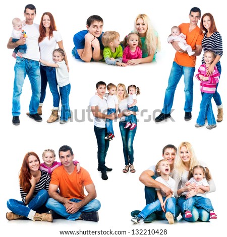 set photos of a happy smiling families isolated on white background