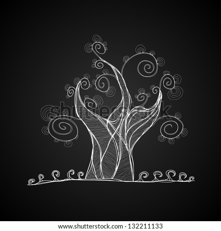 Vector tree with branches leaves, fresh grassm, Black and white