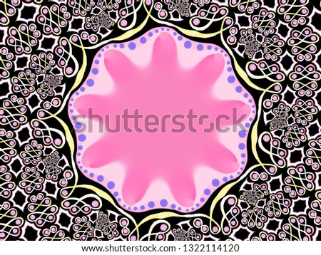 A hand drawing pattern made of yellow pink and white on a black background.