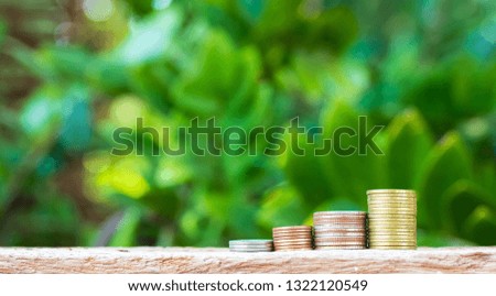 Coins arranged as a graph on a nature background. Business idea